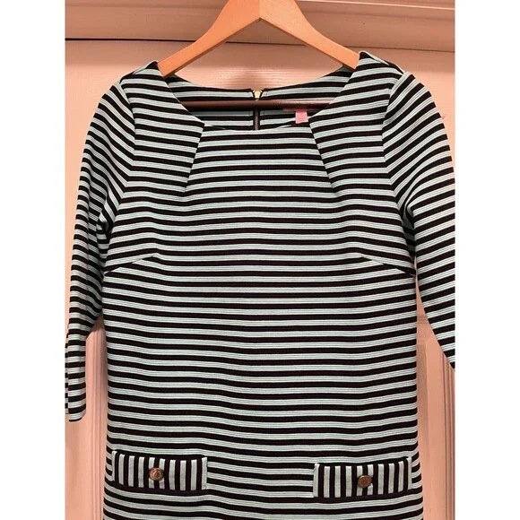 Lilly Pulitzer Charlene Navy Aqua Blue Stripes Dress Gold Buttons Sz M Jackie-O - Picture 5 of 16